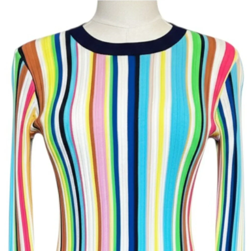 Milly Rainbow Striped Fringe Hem Ribbed Knit Sweater Size S - Picture 3 of 9